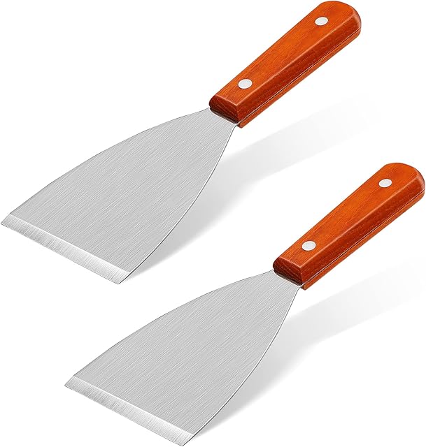 Cabilock Pancake Turner Spatula 2pcs Steak Turner Griddle Spatula Stainless Steel Grill Scrapers Slant Wood Handle Steak for BBQ Baking Cooking Metal Spatula