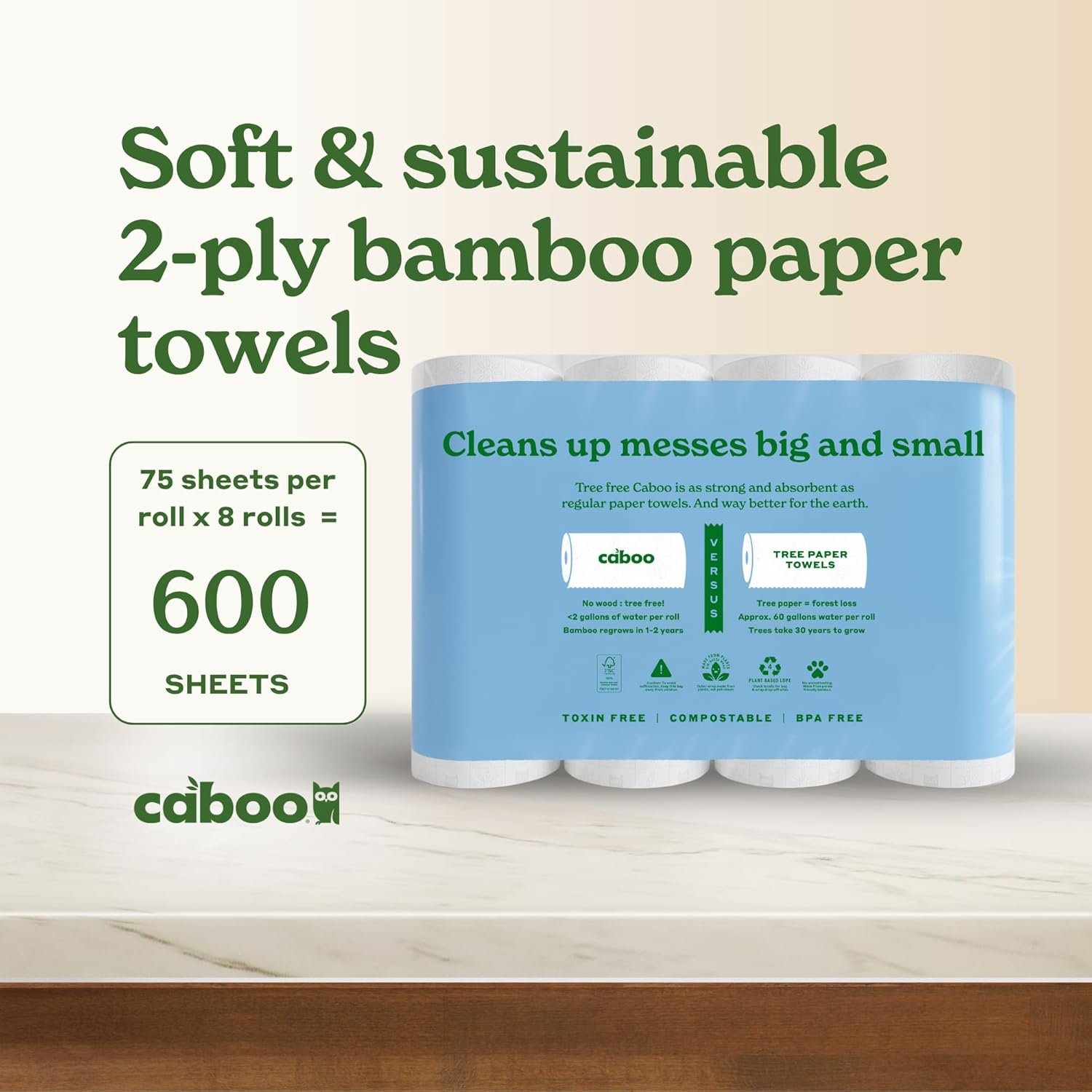 Caboo Tree Free Paper Towels, 8 Rolls, Earth Friendly Sustainable Kitchen Paper Towels with Strong 2 Ply