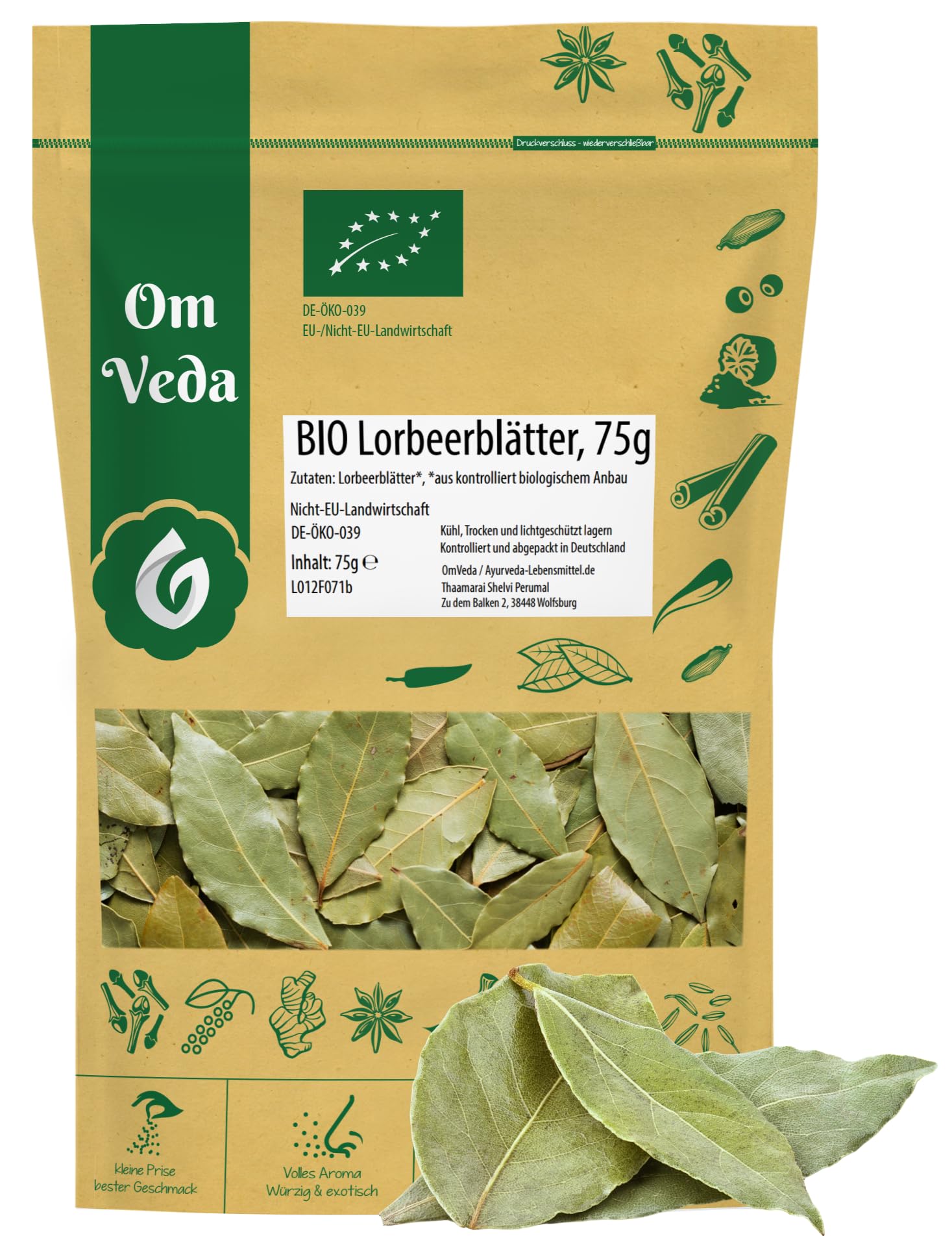 BIO Lorbeerblätter getrocknet Lorbeer Blätter | Premium BIO-Qualität handverlesen | Organic Bay Leaves | OmVeda (75g)