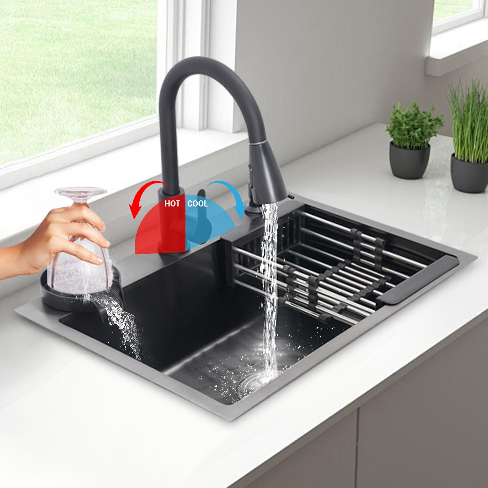 Schwarze Küchenspüle 60x45x20 cm,Spülbecken Edelstahl Edelstahl-Arbeitsplatzspüle 1 Becken,Spüle Küche mit Abflusskorb + Seifenspender + Ausziehbar Hahnloch