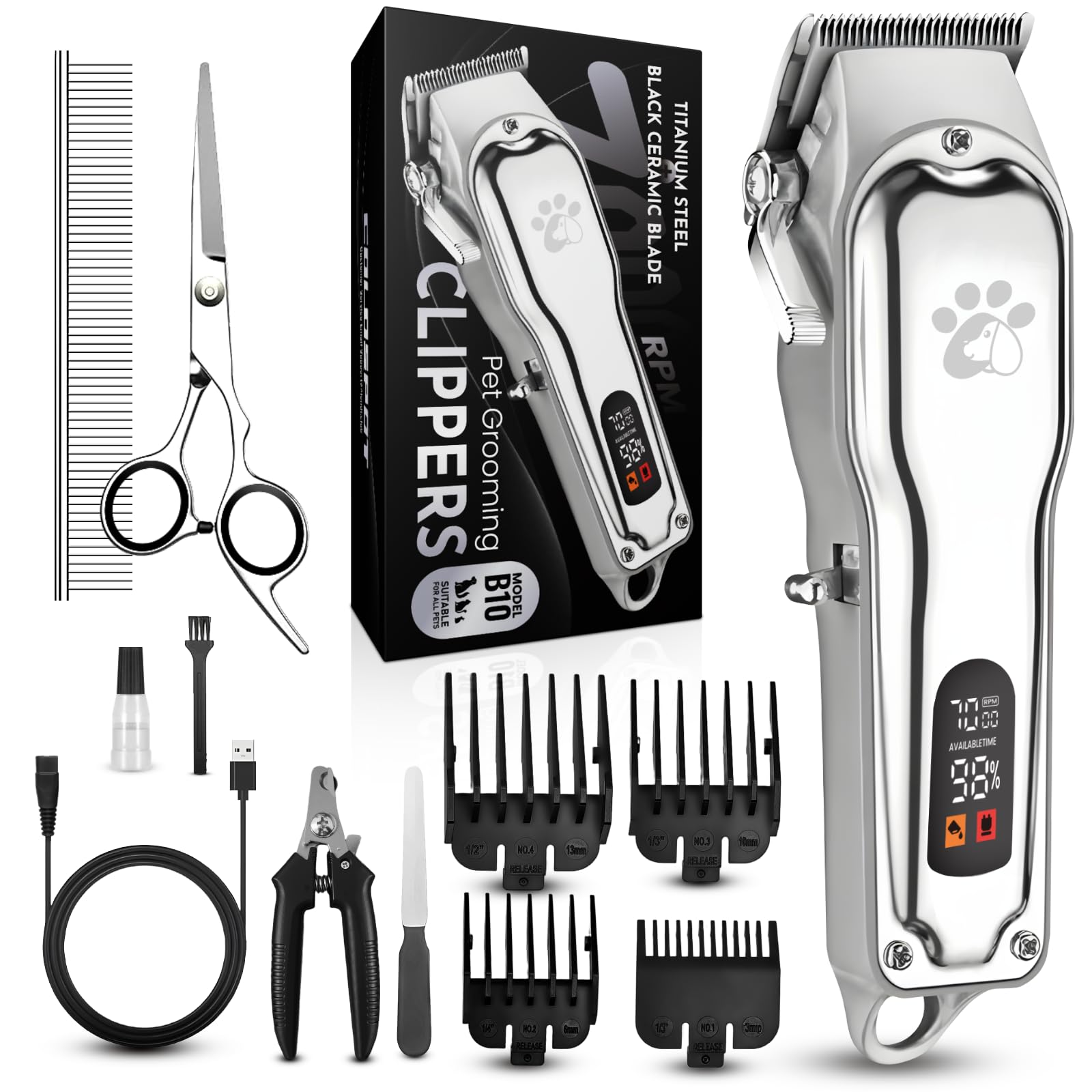Dog Grooming Clippers Professional for Thick Hair Full Metal Body Black Ceramic Blade LED Display Low Noise Rechargeable Cordless Dog Grooming Kit