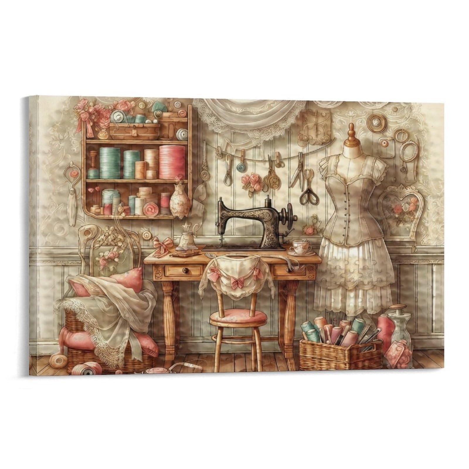 CPLVKWRQJ Vintage Sewing Room Individual Vintage Sewing Room Illustration Canvas Artwork - Bedroom Canvas Painting Easy to Clean Space Transformer Decor 20x30inch(50x75cm)