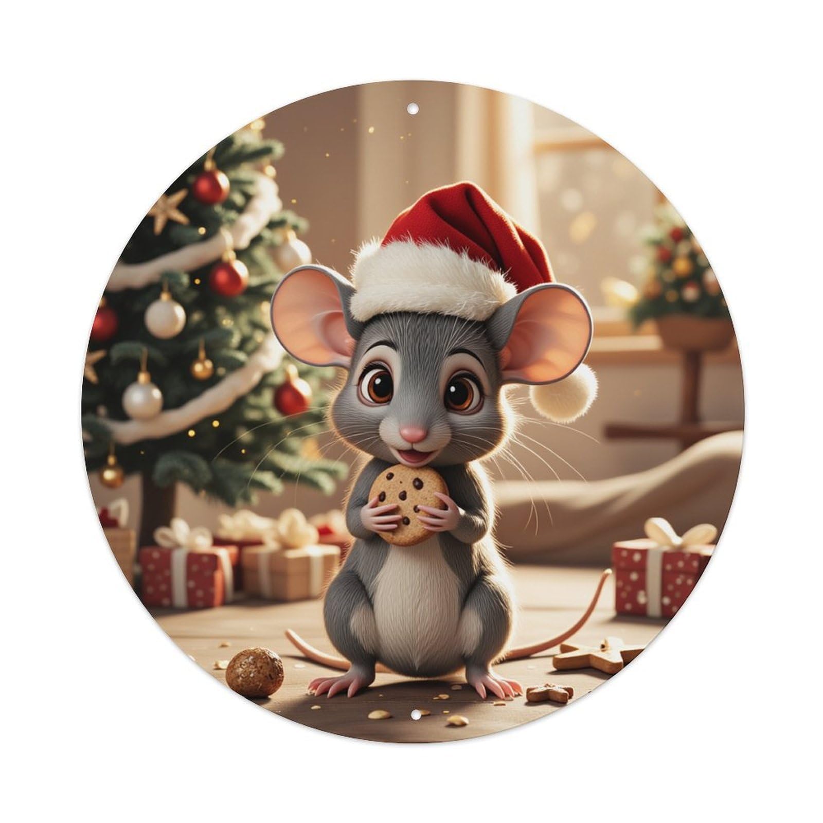 Christmas Mouse Santa Cookie Tree Round Tin Sign Vintage Metal Poster, Home Bar Garage Man Cave Cafe Indoor & Outdoor Wall Decoration 8x8Inches