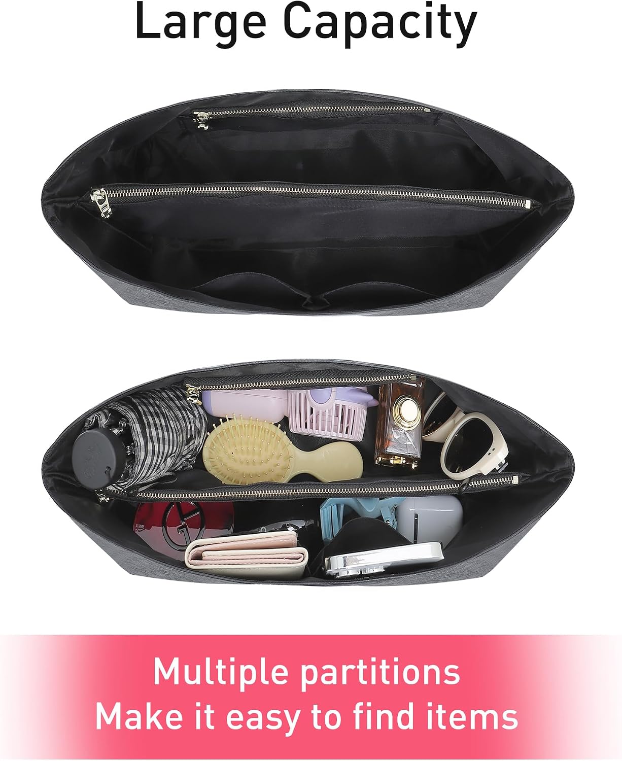 Doxo Purse Organizer Insert, Tote Bag Insert for LV Neverfull PM, C.oach City 30 and More, Ultra Lightweight Bag Organizer Insert with Zipper (Medium,Black) thumbnail