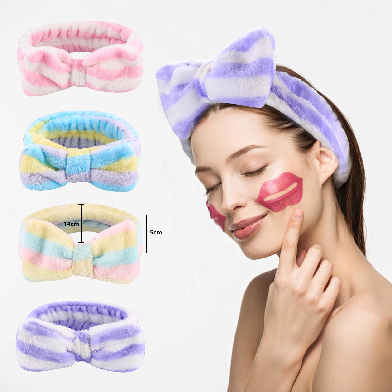 4 Stück Bowknot Haarbänder Aus Korallen-Fleece – Weiche Stirnbänder Für Gesichtsreinigung, Schminken & Wellness, Inkl. 2 Silikonbürsten
