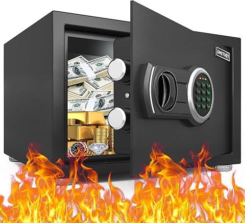 Omethey Caja de seguridad pequeña de 0.5 Cub a prueba de fuego, impermeable, de acceso rápido, caja fuerte digital para el hogar con teclado