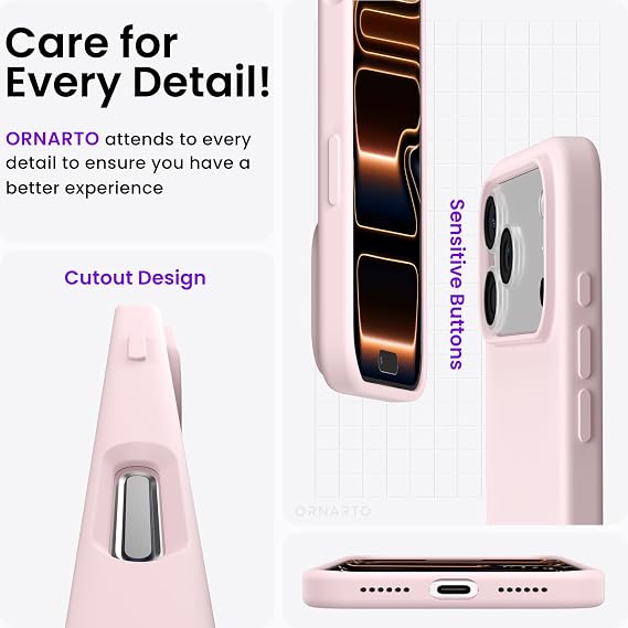 ORNARTO Compatible with iPhone 17 Pro Max Case 6.9, Slim Liquid Silicone 3 Layers Soft Gel Rubber Shockproof Protective Cover with Anti-Scratch Microfiber Lining-Chalk Pink