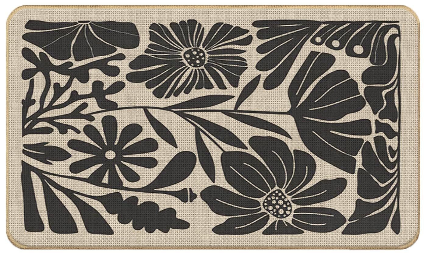 QGFM Boho Beige and Black Floral Door Mat - Bohemian Neutral Floral Front Door Welcome Mats Outdoor Entrance, 17x30 Rug