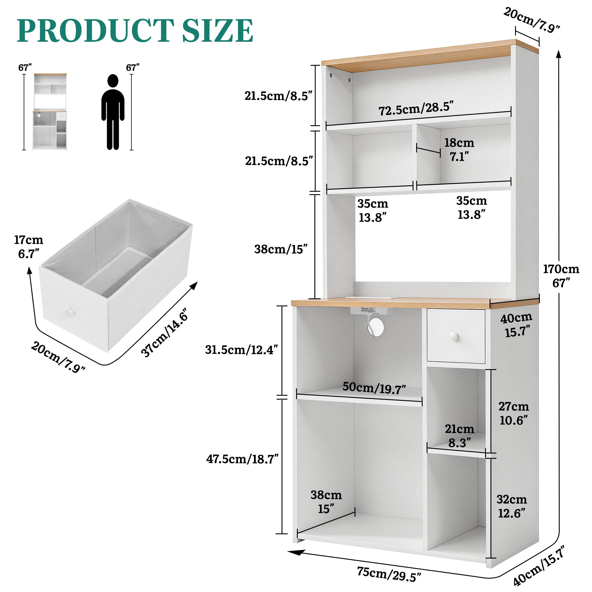 YITAHOME Estante para panadería con Toma de Corriente, Estante de Almacenamiento de Cocina con encimera, Estante Alto de Cocina con 75 cm de Ancho, 2 Salidas de CA, 2 Puertos USB, Barra de café