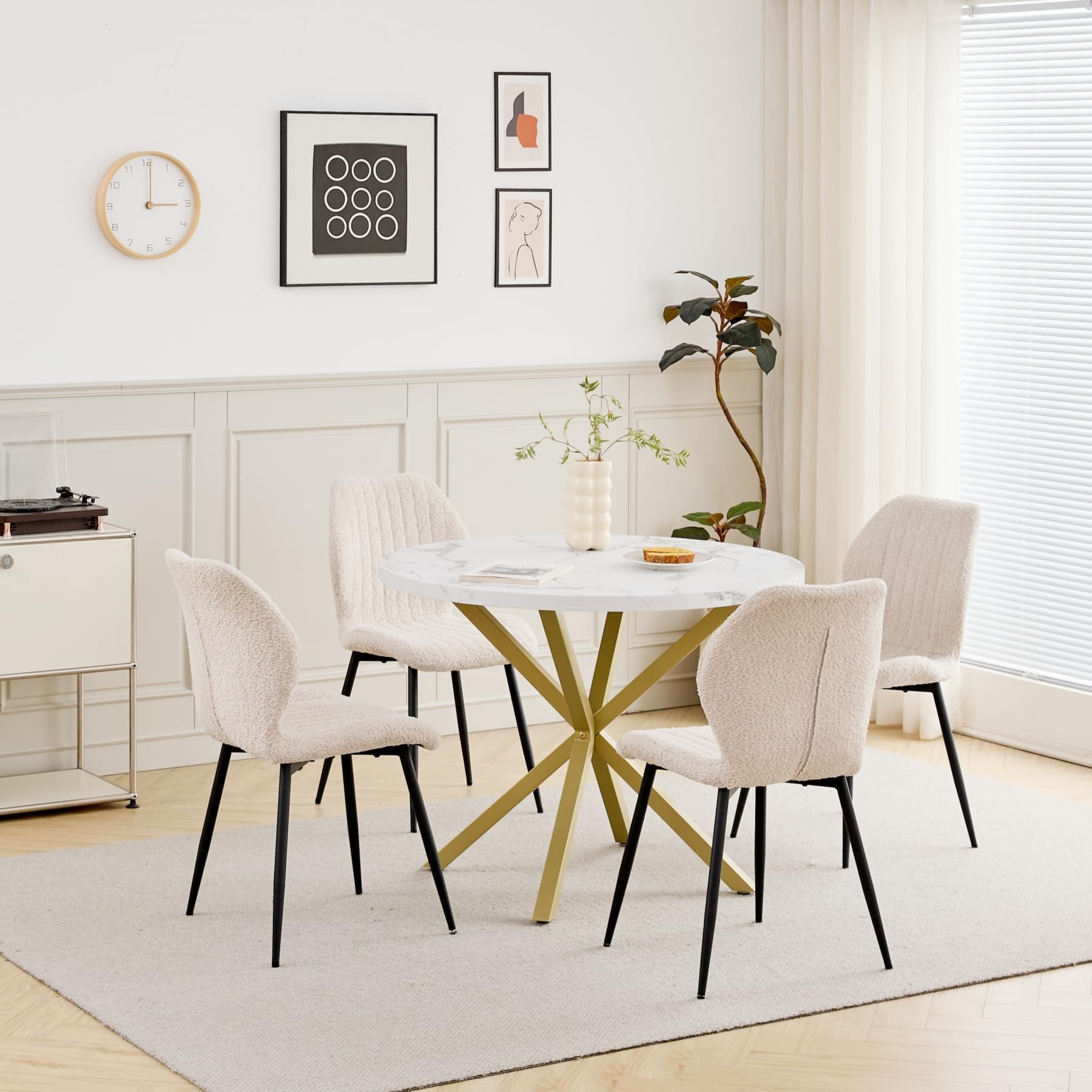 Set Tavolo e Sedie da Pranzo, Tavolo da Pranzo Rotondo da 100 * 100 * 76.5 cm e 4 Sedie Moderne in Teddy Fleece, per Sala da Pranzo, Cucina, Soggiorno, Colore Marmo-GD + Beige