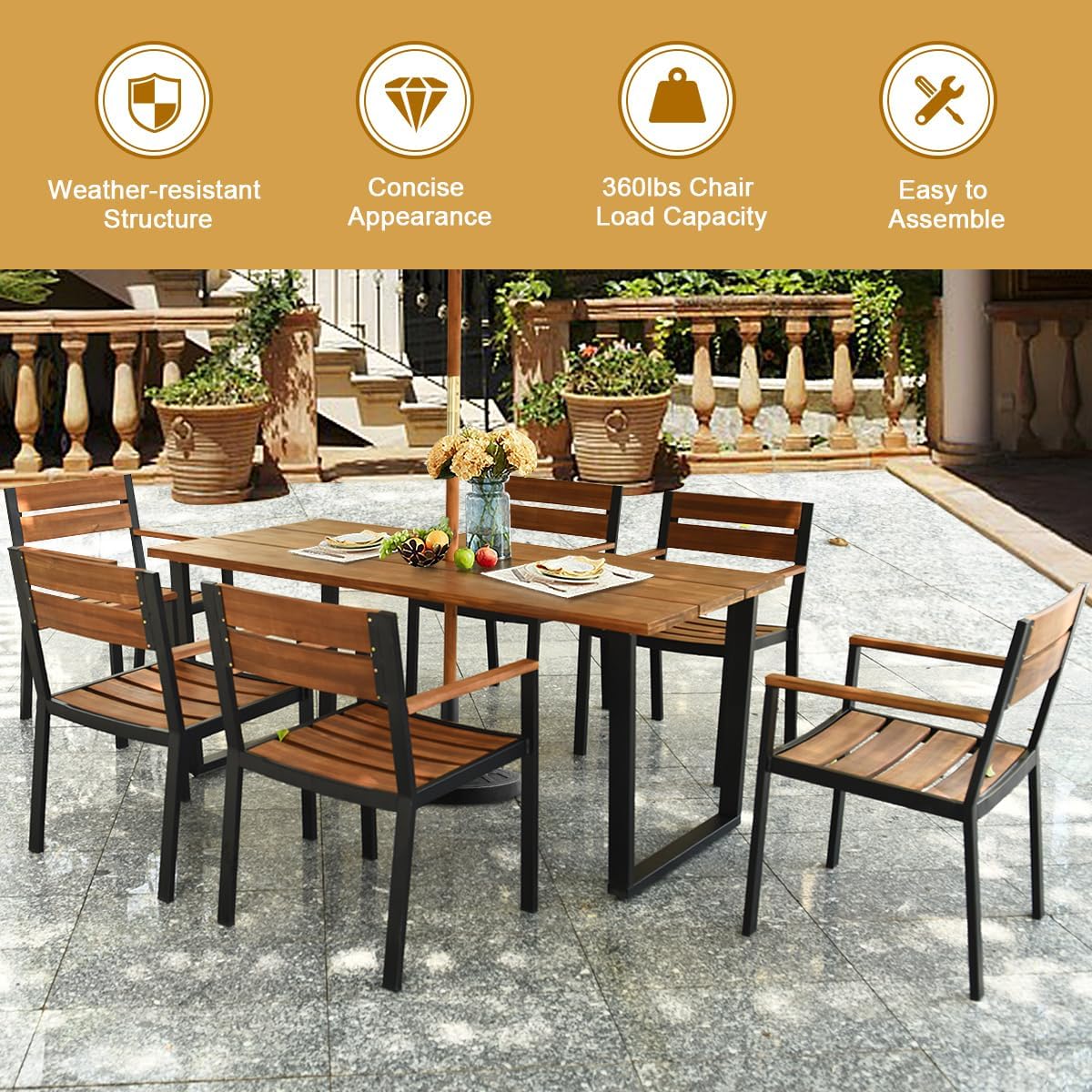 ORALNER 7 Pieces Patio Dining Set, Steel Outdoor Furniture Set w/ 2.16¡± Umbrella Hole & Acacia Wood Top, 6 x Chairs & Large Rectangle Dining Table for Balcony, Deck, Backyard, Garden, Poolside