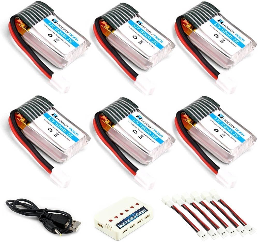 6-Pack 3.7V 150mAh Battery with 6-in-1 Charger for Eachine E010 JJRC H36 Mini UFO Quadcopter Drone (Black)