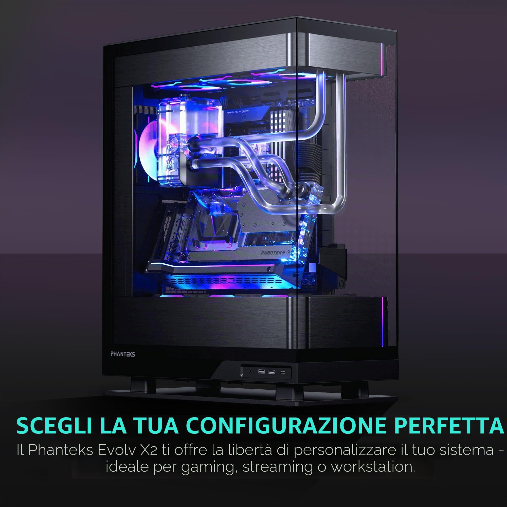 Phanteks Evolv X2, telaio di gioco a metà torre, sistema di raffreddamento verticale, telaio in vetro temperato trasparente, pannello interno in alluminio spazzolato con illuminazione D-RGB integrata,