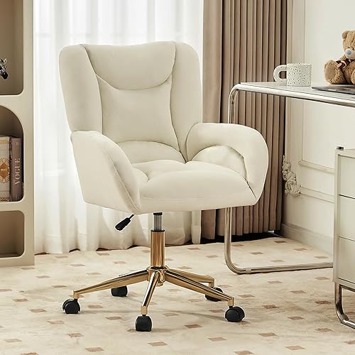 FOXHUNTER Vanity Chair with Ergonomic Back & Wheels, 360° Swivel Accent Chair, Adjustable Height Home Office Chair for Living Room, Bedroom (Velvet, Ivory) - White-velvet