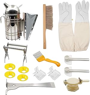 Kit de 15 outils d'apiculture pour apiculteur manuel fumoir à ruche gants d'apiculture brosse à abeilles mangeoire cadre en acier inoxydable attrape-abeilles kit d'outils pour ruche