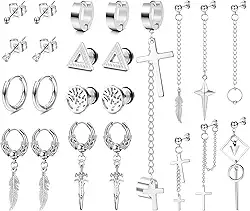 Conjunto de 23 brincos masculinos prateados e pretos para homens, brincos de cartilagem, brincos de aço inoxidável, standard, Aço inoxidável, Sem pedra preciosa