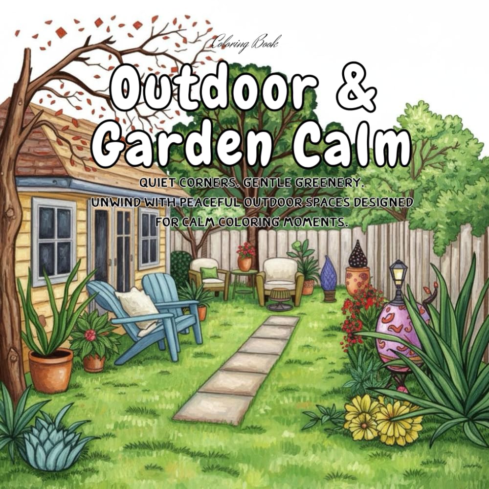 Outdoor & Garden Calm: Quiet corners. Gentle greenery. Unwind with peaceful outdoor spaces designed for calm coloring moments.