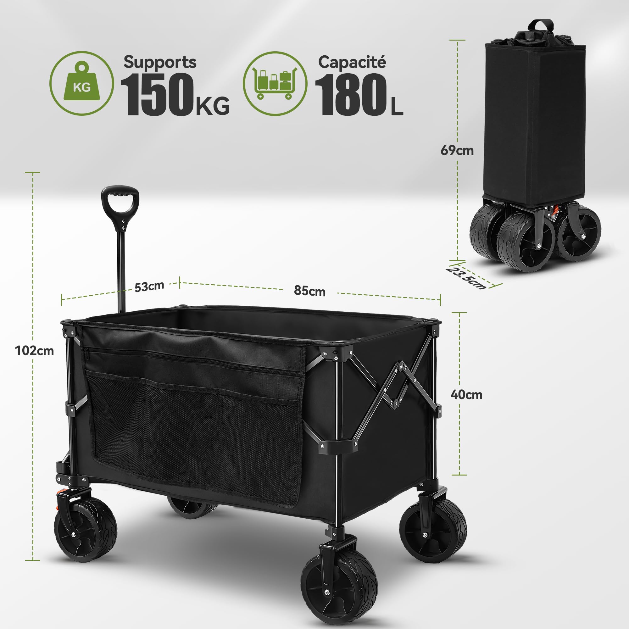 TECKNET Chariot de transport pliable avec freins - 180 l - 150 kg - Charge maximale : 150 kg - Pour la plage, le camping, le camping, les festivals - Noir