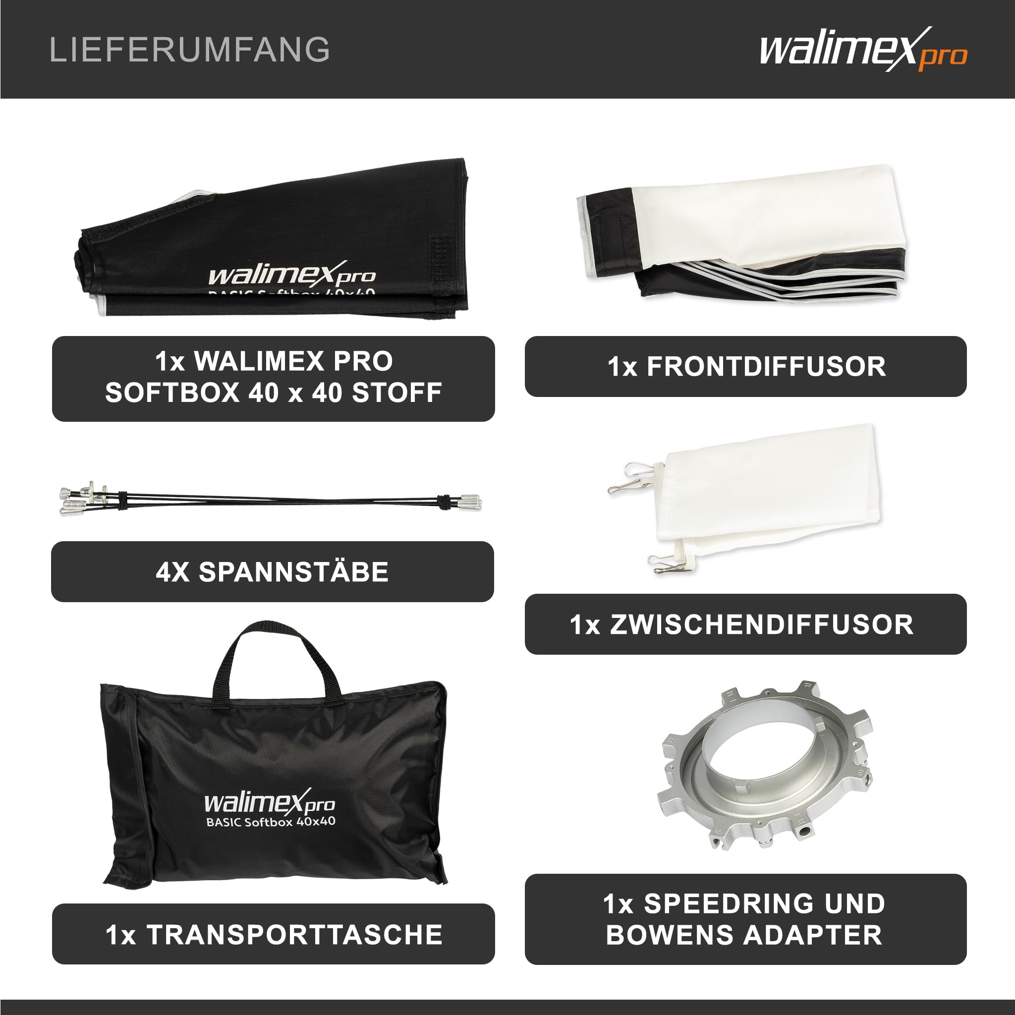 Walimex pro Softbox 40x40cm, ruotabile a 360°, incluso diffusore frontale e intermedio, borsa per il trasporto, adattatore Bowens, ideale per la fotografia di prodotti e persone