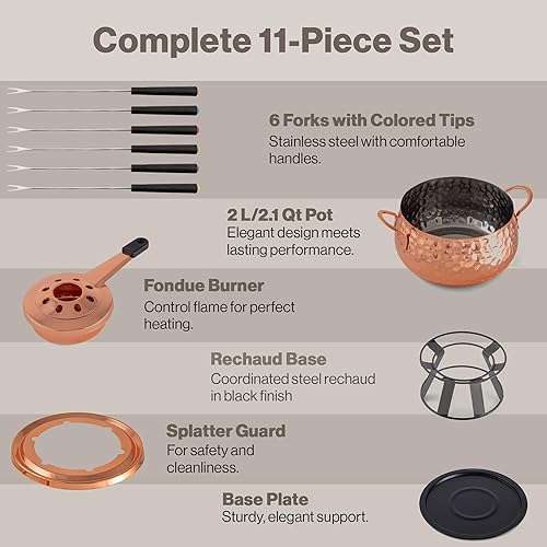 Miniatura 5 de Swissmar Biel - Juego de fondue chapado en cobre de 11 piezas, acabado martillado, ideal para cocinar aceite y caldo, perfecto para entretenimiento,