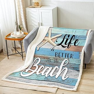 Manfei Beach Starfish Throw Blanket Life is Better at The Beach Blanket for Couch Sofa, Rustic Farmhouse Bed Blanket for Kids Boys Teens, Soft and Breathable Fleece Blanket(50 x 60 Inches)