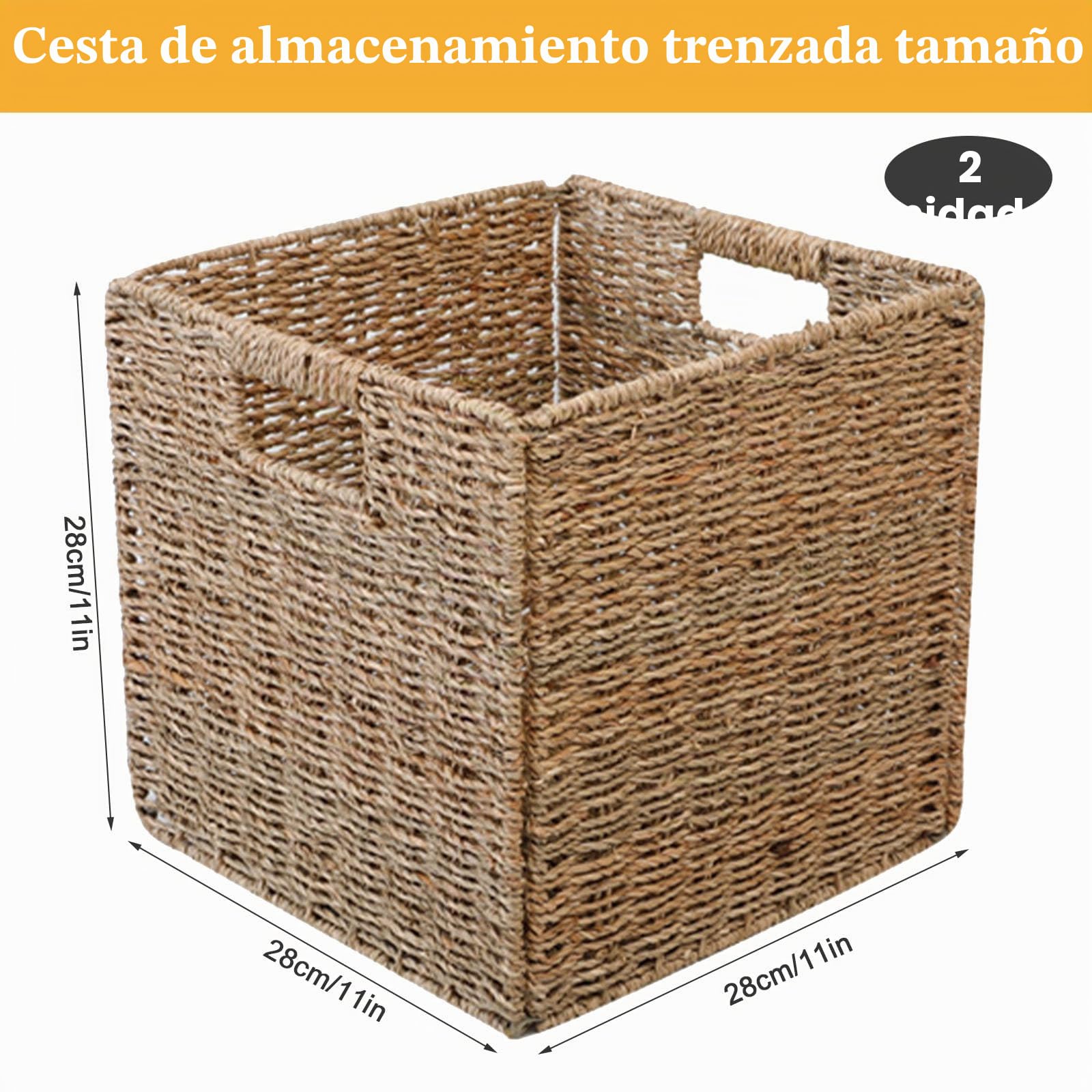 2 Cestas de Mimbre, Plegables Kallax para Almacenamiento, 28 x 28 x 28 cm, Cestas Almacenaje Mimbre para Estantes, Despensa, Baño, Salón