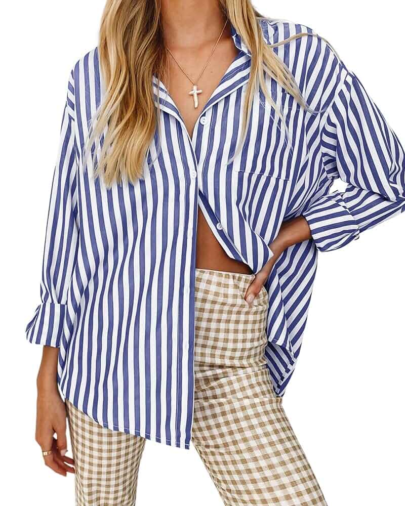 Womens Striped Shirts Long Sleeve Button Down Blouses Loose Fit Casual Tops Lightweight, Collared, Dressy, Work, Office, Fall Spring Fashion