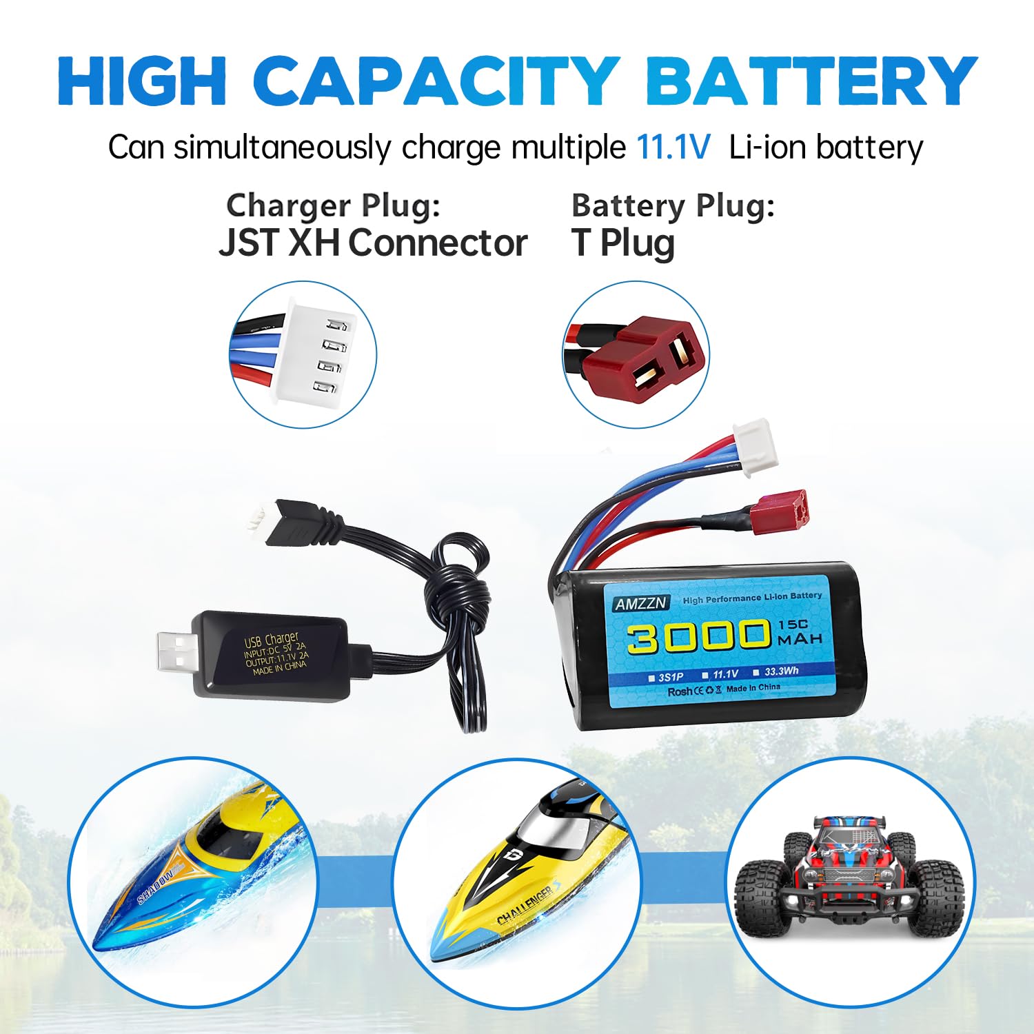 11.1V 3000mAh 15C 3S T-plug batteria agli ioni di litio con caricatore USB, adatto per R608 2104 barca brushless telecomando, 210E 200E auto brushless telecomando