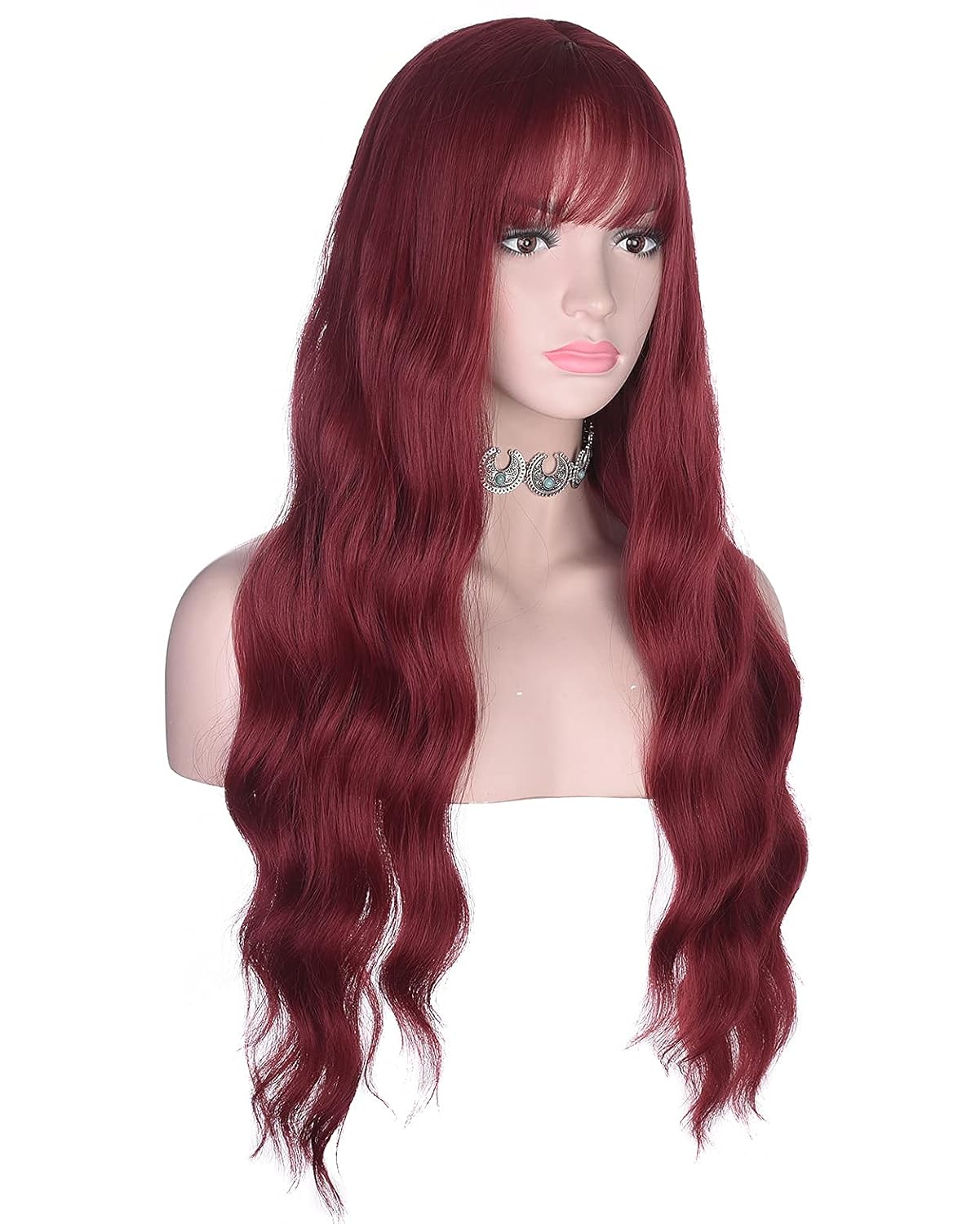 Red Long Wavy Wig with Bangs for Women Heat Resistant Synthetic Hair Wigs for Daily Use(Burgundy)