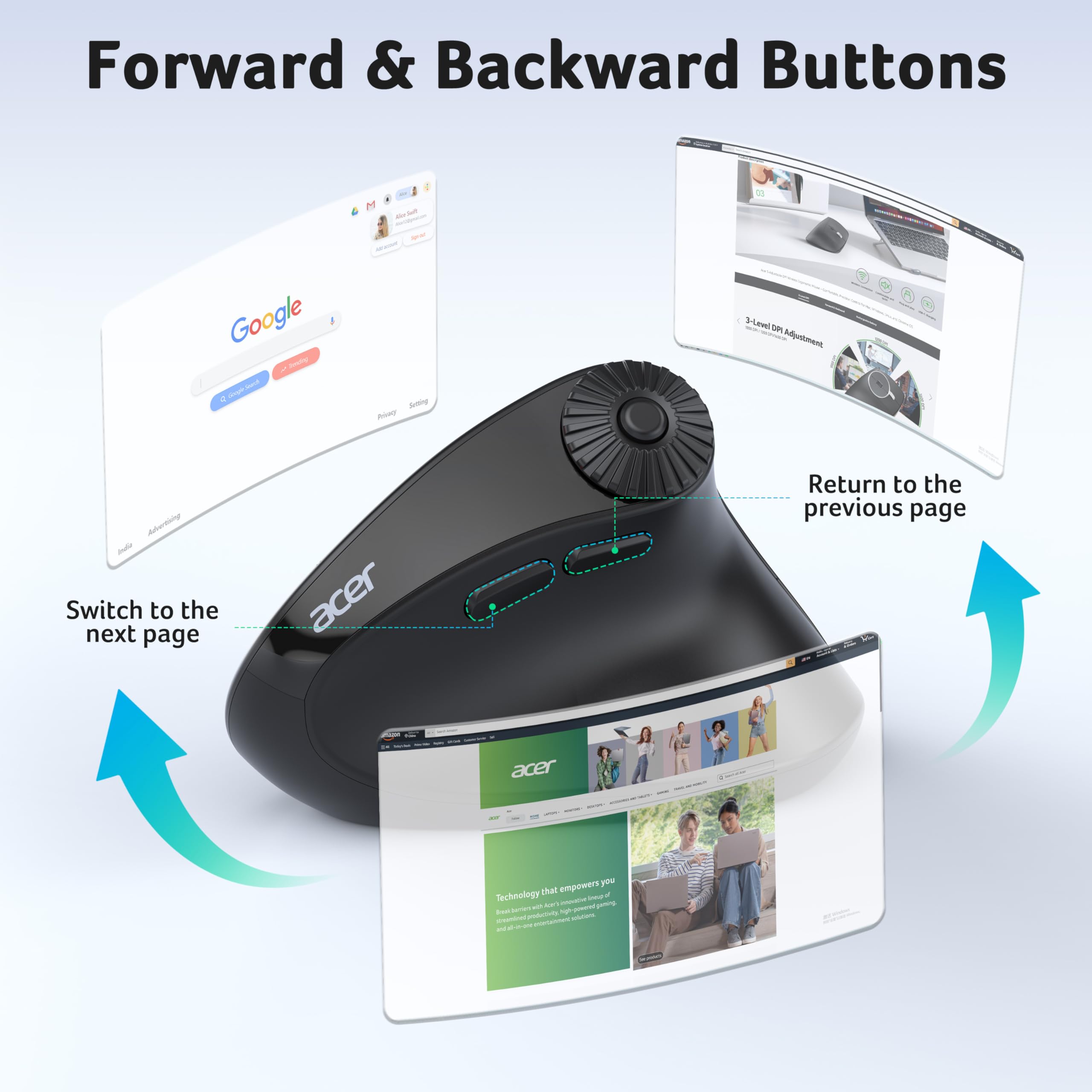 acer Ergonomic Mouse Wireless with Side Scroll Wheel, Bluetooth Mouse for Laptop(BT5.2+2.4GHz), Office Vertical Computer Mice, Small to Medium Sized Hands Ergo Mice, 8 Buttons for PC and Desktop — view 8