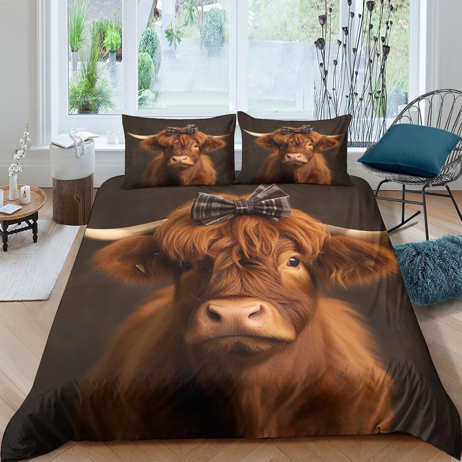 BARDYS Highland Cow 3D Print Poultry for Teens And Adults Duvet Cover Comforter Covers Quilt Cover Bedding Set with Zipper Closure with Pillow Cases Soft Microfiber 3 Pieces King（220x240cm）