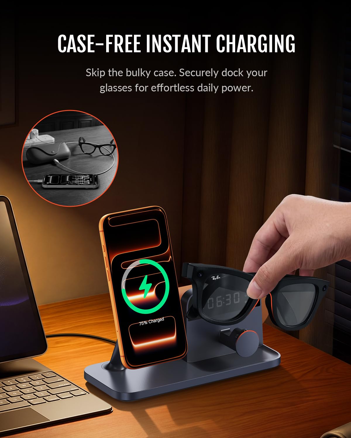 GEEKERA Estación de carga magnética 3 en 1 compatible con Ray-Ban Meta y iPhone