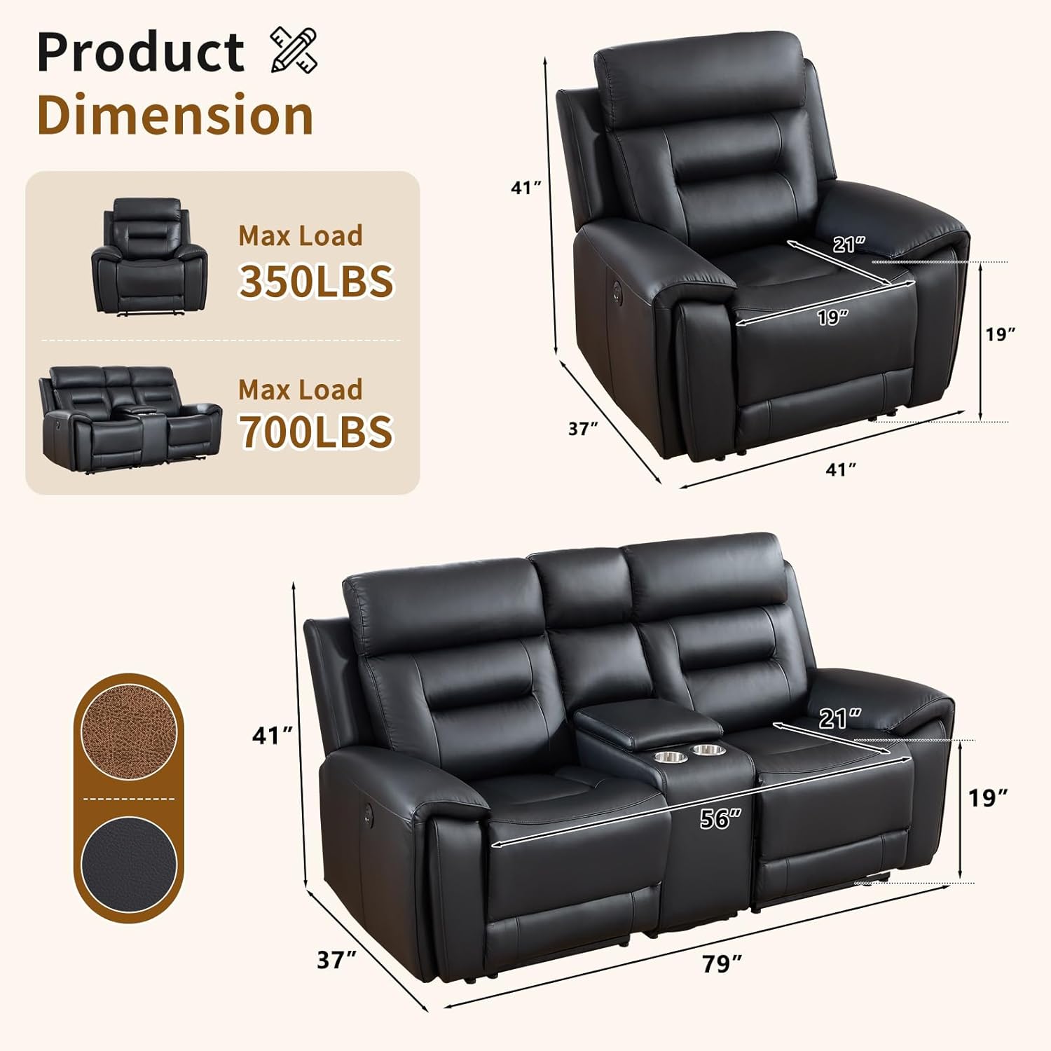 ANJ 2-Piece PU Leather Recliner Sofa Set with Charging Port, Include Single Power Recliner Chair and Electric 2-Seater Loveseat Reclining Couch with Hidden Storage & Cup Holders for Living Room, Black
