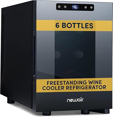 NewAir Refrigerador de vino de 10 pulgadas para 6 botellas | Refrigerador de vino independiente con puerta de vidrio | Almacenamiento compacto de