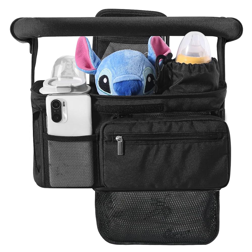 Tyuodna Baby Pram Bag Stroller,Universal Stroller Bag with 2 Insulated Cup Holder,Large Capacity Bag Organiser,Buggy Organiser with Shoulder Strap&Non-Slip Secure Hooks (New Black)