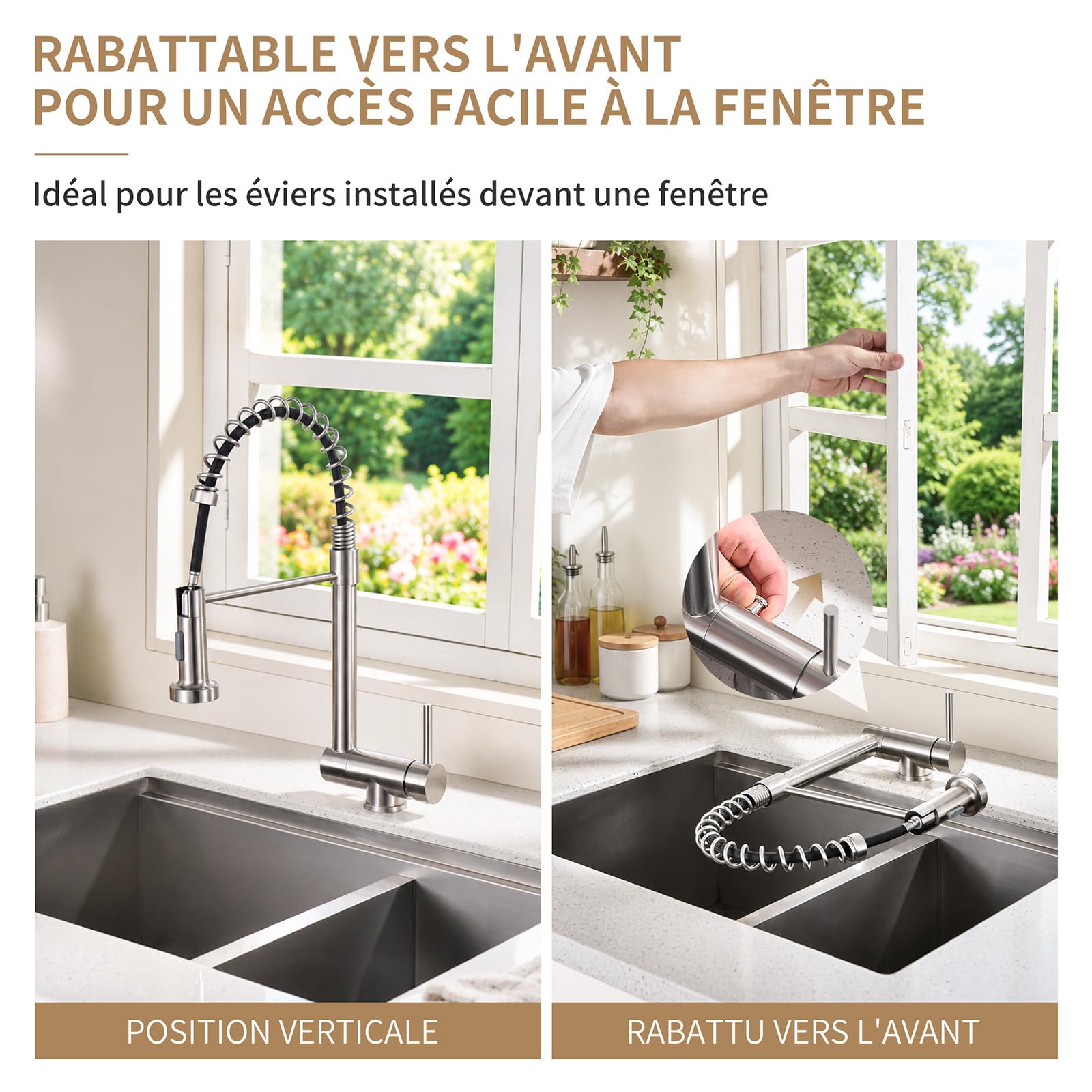 HOMELODY Wasserhahn Küche Edelstahl Ausziehbar für Vorfenster | 2 Strahlarten Brause, 360° drehbar, Spiralfeder-Design für die Spüle am Fenster, Hochdruck