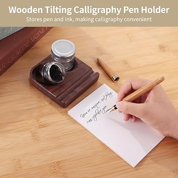 Walnut Calligraphy Pen & Ink Set Holder – Dual-Slot Tilting/Horizontal Stand with 10cm Base & Anti-Spill Glass Bottle for Dip Nibs