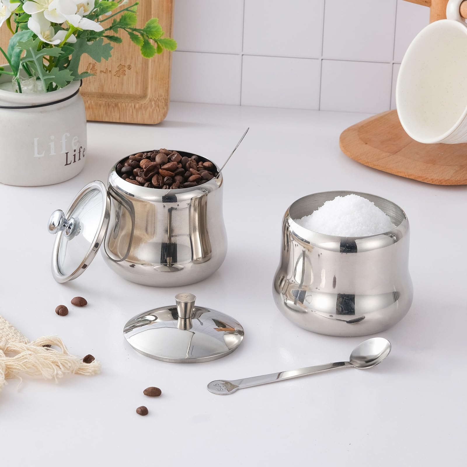 Azucarero decorativo de acero inoxidable de 12 onzas con cuchara y tapa de vidrio, pequeños tarros de especias para condimentos, olla de condimentos para cocina, mesa de café