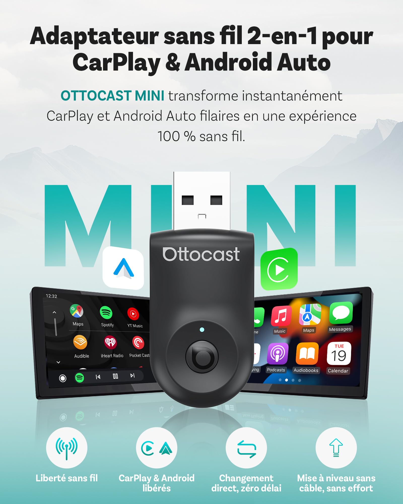 OTTOCAST Nouveau 2025 Mini Flow – Adaptateur CarPlay sans Fil & Android Auto, Dongle 2-en-1, Plug & Play, Ultra Compact, Compatible iPhone & Android, pour Voitures dès 2016 (Non Compatible BMW/Tesla)