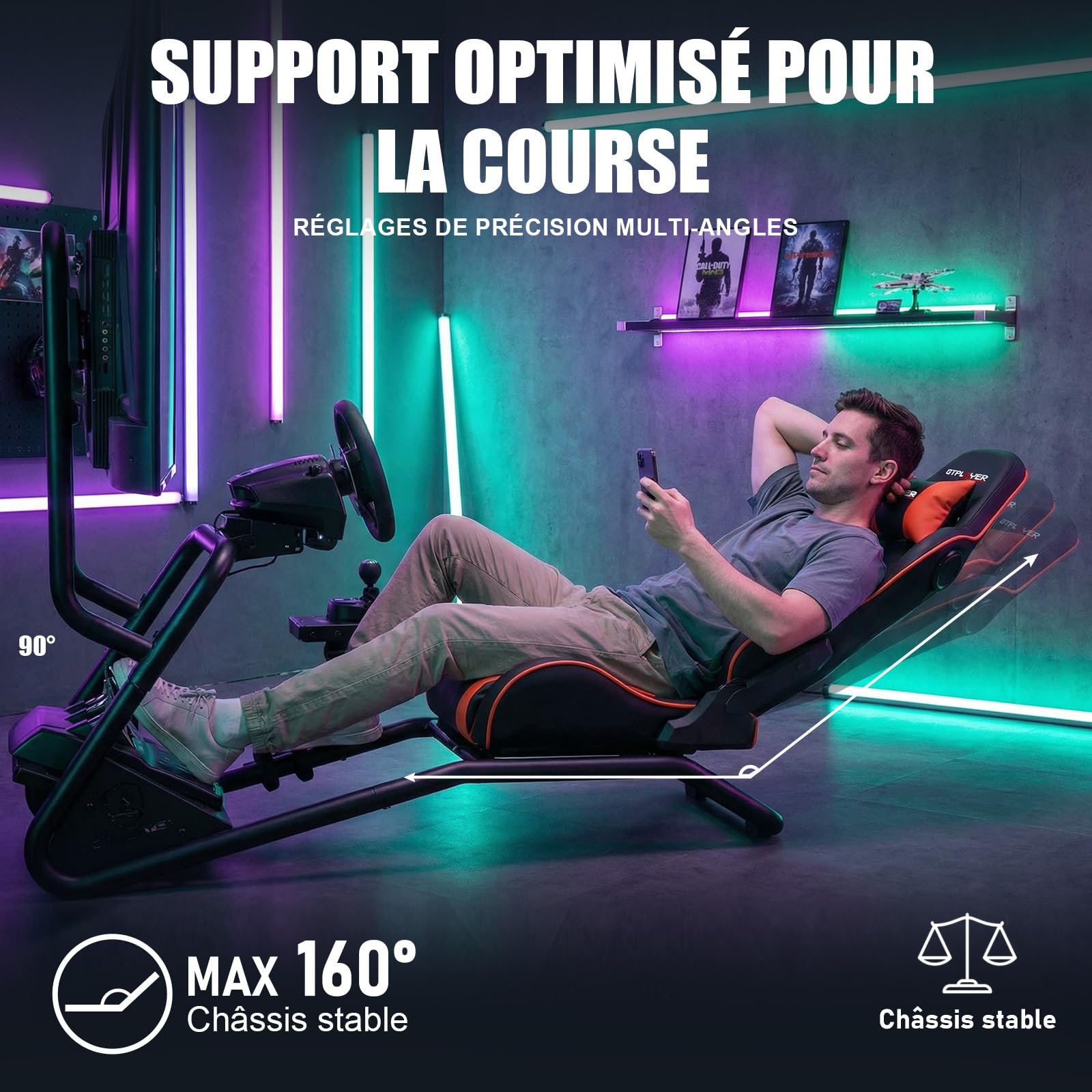GTPLAYER Simulateur de Conduite, Siège de Simulation avec haut-parleurs stéréo 3D, Support pour écran, Support de volant réglable, Support pour levier de vitesse et pédales (Rouge)