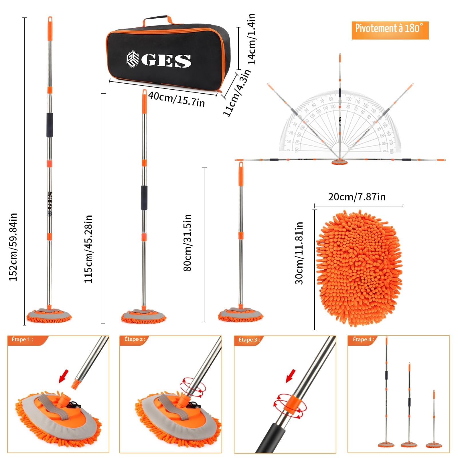 GES Balai de Lavage de Voiture avec Long Manche, Brosse de Lavage de Voiture de 157,5 cm avec poignée télescopique, kit de Nettoyage 2 en 1 Chenille en Microfibre Chenille avec Sac de Rangement pour