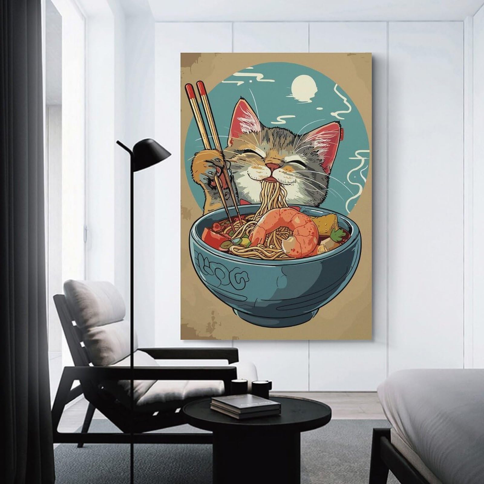 Junmoney Anime Cat Ramen Bowl Canvas Art Print, 20x30inch(50x75cm), for Home Walls, Creative Rooms Or Shared Spaces, Decorative Artwork with Broad Appeal