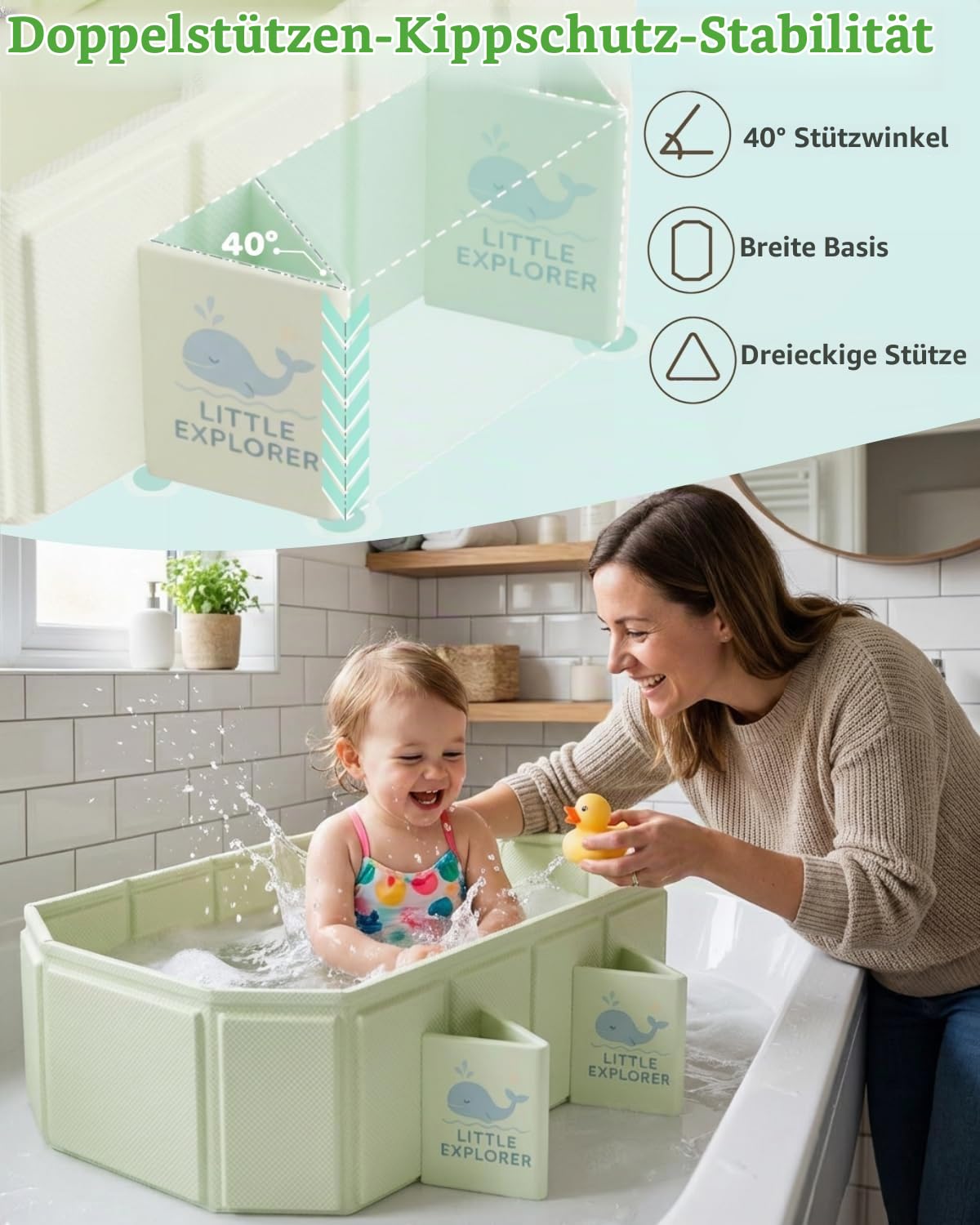 Babywanne Faltbar für Babys & Kleinkinder von 0–6 Jahren, Klappbare Babybadewanne für Dusche & Bad, Kinderbadewanne mit 4 Stabilen Standfüßen und Doppeltem Ablauf, Platzsparend & Tragbar, Light Green