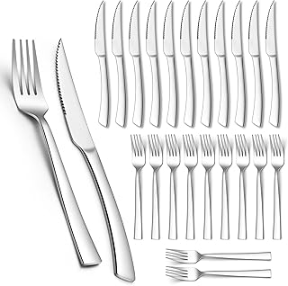 Homikit Steak Cutlery Set, 24-Piece Stainless Steel Steak Knife and Steak Fork, Steak Cutlery Set for 12 People, Silver Table Knives, Table Forks for Home, Restaurant, Hotel, Rustproof & Dishwasher