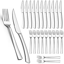 Homikit Steakbesteck Set, 24-teilig Edelstahl Steakmesser und Steakgabel, Steakbesteck Set für 12 Personen, Silber Tafelmesser Tafelgabeln für Haus Restaurant Hotel, Rostfreie & Spülmaschinenfest