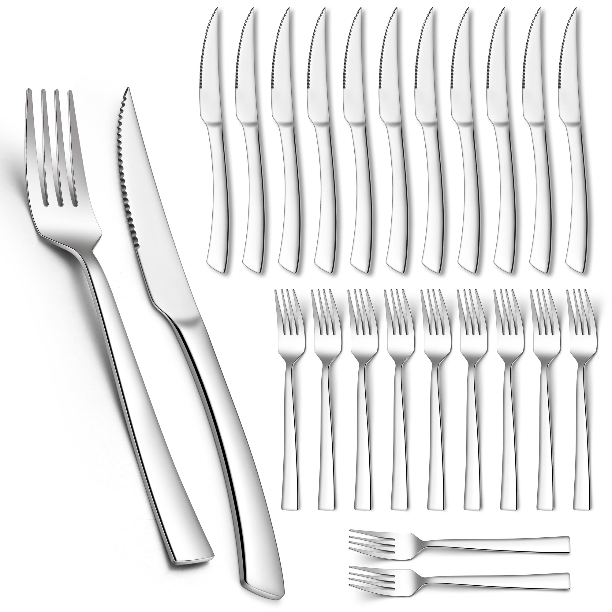 Homikit Lot de 24 couverts à steak en acier inoxydable - Couteaux et fourchettes à steak - Couverts pour 12 personnes - Couteaux de table argentés