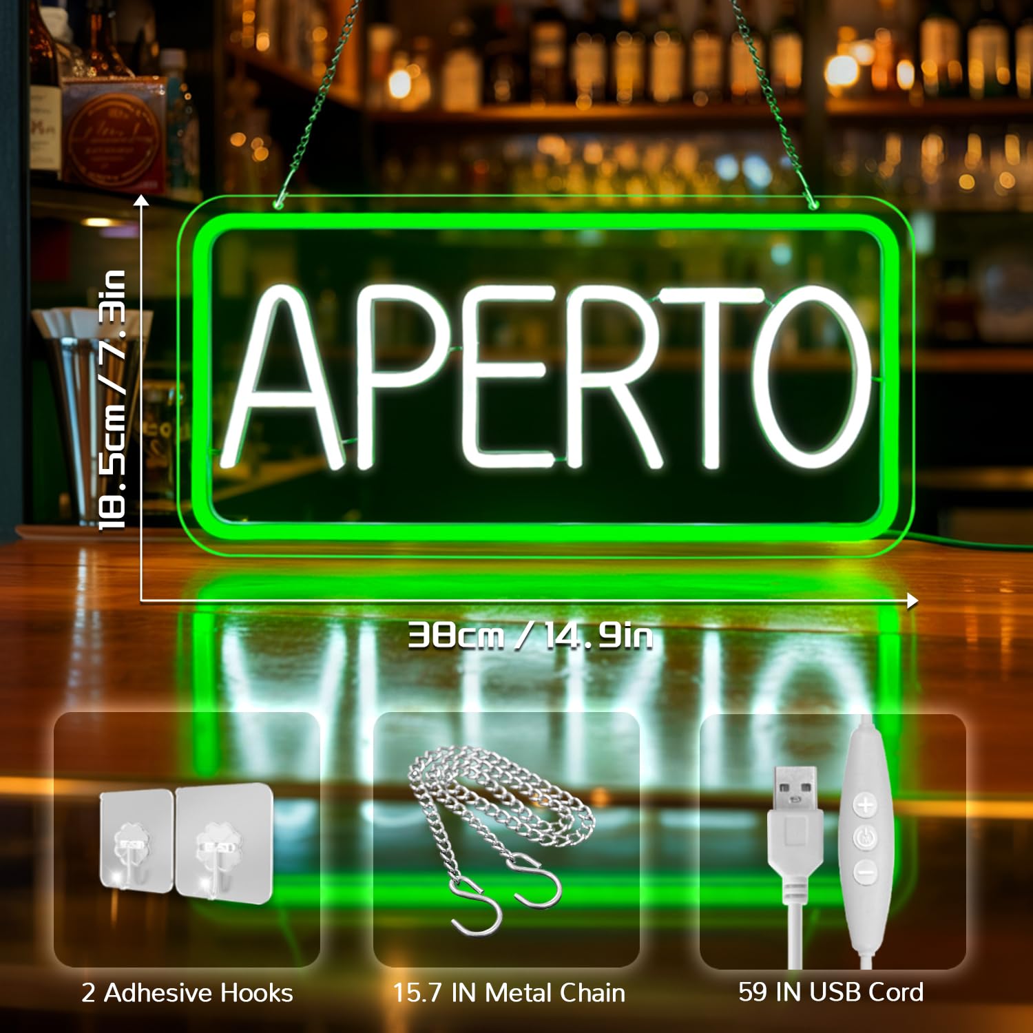 Insegne luminose APERTO, USB Insegna al Neon Aperta per Negozio, Luce al neon a LED verde bianco per Bar, Ristoranti, Supermercato, Caffetteria, Cartello aperto appendere alla porta/finestra