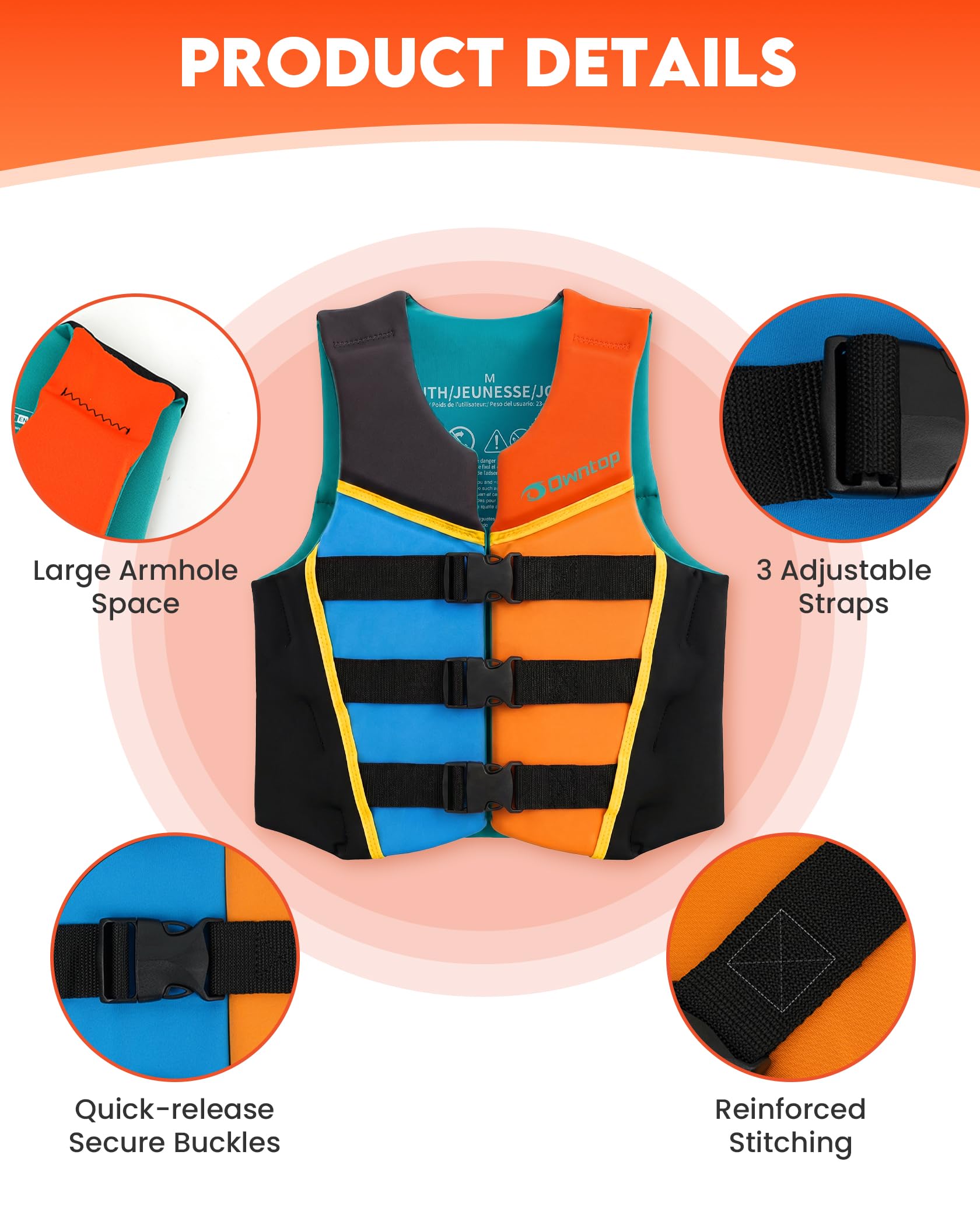 Owntop Gilet da Nuoto Junio, Aiuto al Galleggiamento in Neoprene per Ragazzi e Bambini con Tre Cinghie di Sicurezza Regolabili, Gilet Galleggiante Leggero per Kayak, Barca e PaddleMulticoloreL