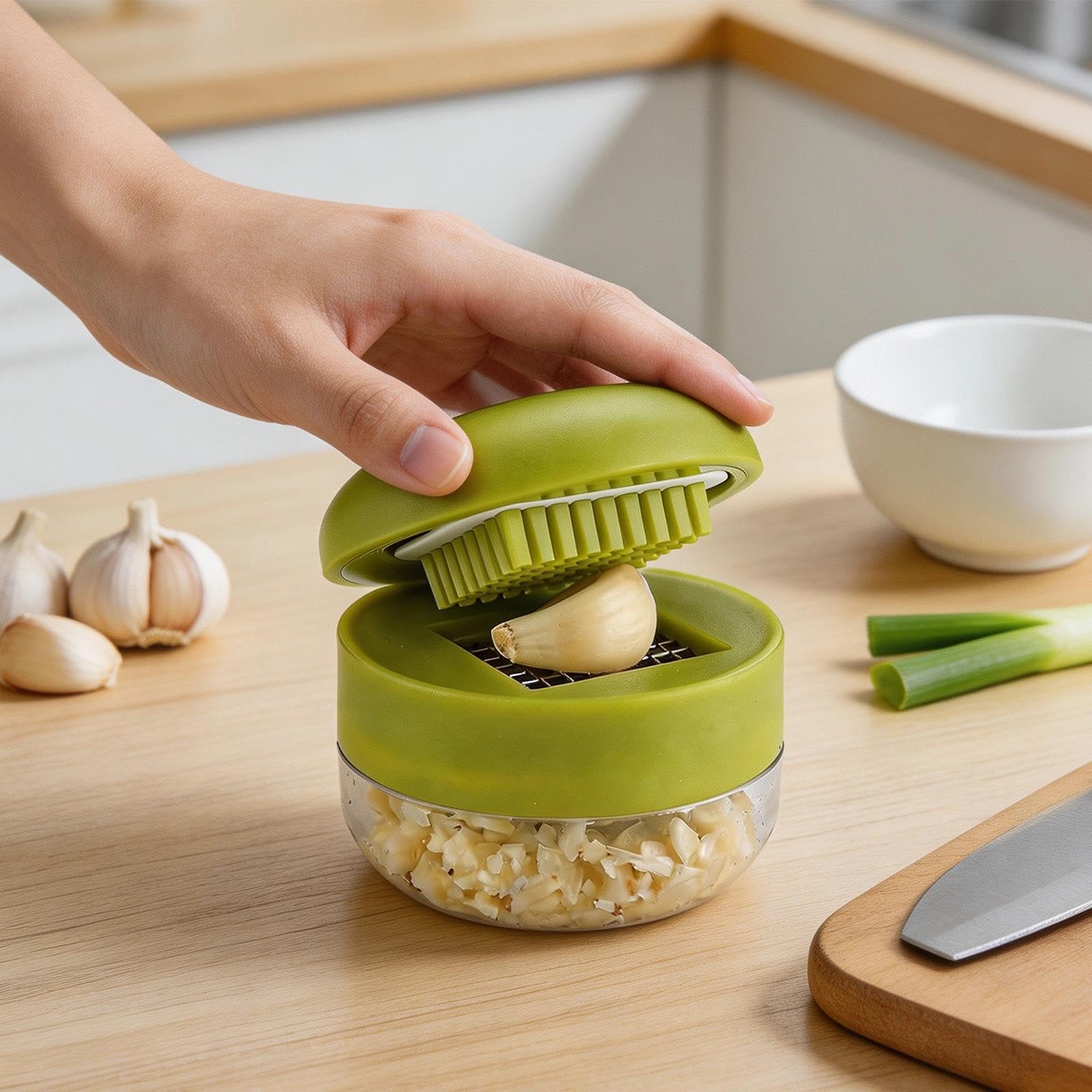 Mini Presse Ail, Coupe Ail, Emballé avec Boîte, Vert | Presse Ail Inox en Plastique PP, Multifonctionnel Ecrase Ail avec Brosse de Nettoyage, pour Ail, Gingembre et Fruits