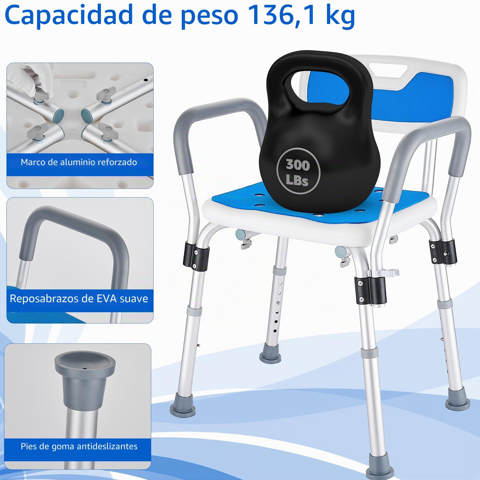 Silla Ducha Personas Mayores con Reposabrazos y Respaldo, Taburetes para Ducha Antideslizante, Asiento de Baño con Altura Regulable en 6 Niveles Ayuda Ancianos y Discapacitados, Azul